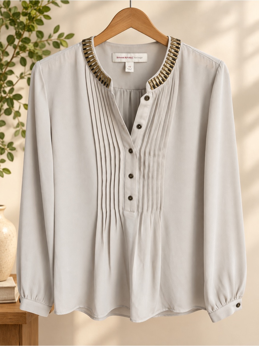 Banana Republic Heritage Embellished Pintuck Blouse Cottage Stone XS